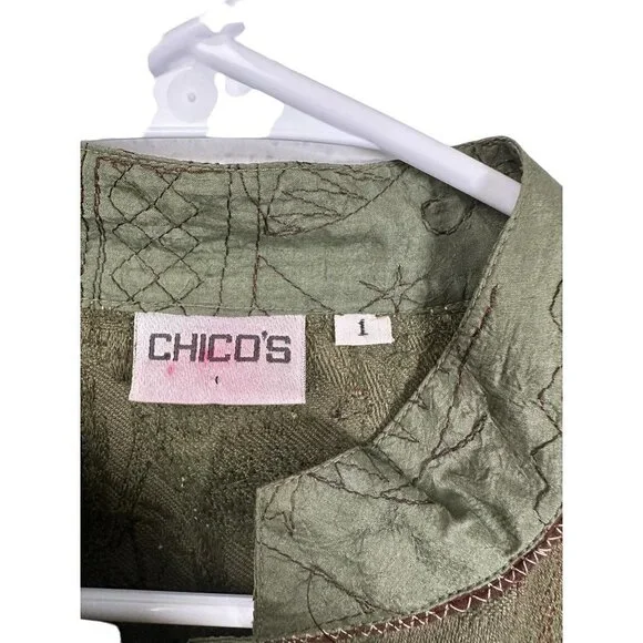 Chico's army green embroidered fashion jacket, size 1 - Picture 3 of 6